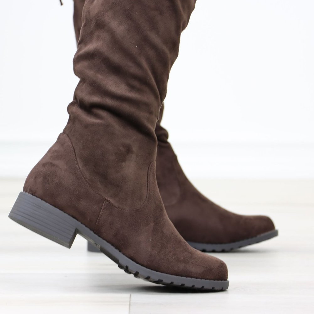 Brown Thigh High Over The Knee Flat Boots Faux Suede - Picture 6 of 14